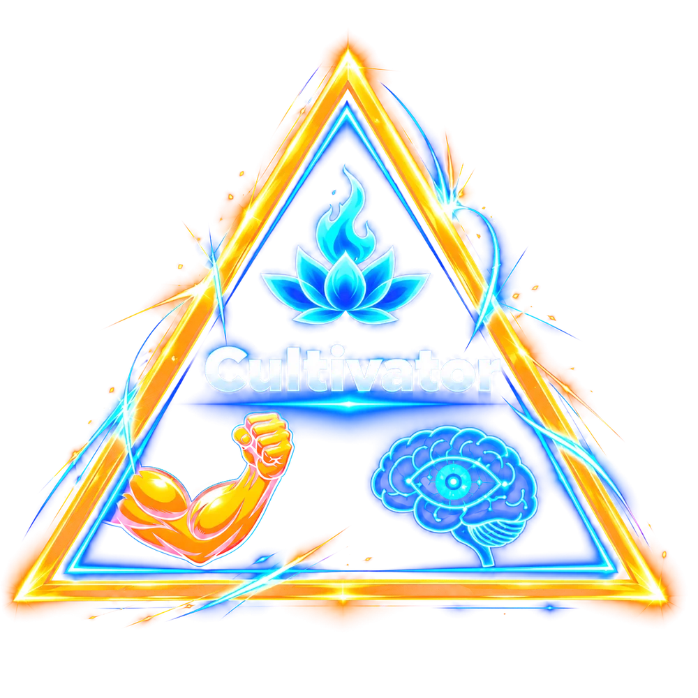 Body, Mind, Soul Cultivator logo: a glowing golden triangle with a lotus flame for Soul, a flexed arm for Body and a brain for Mind
